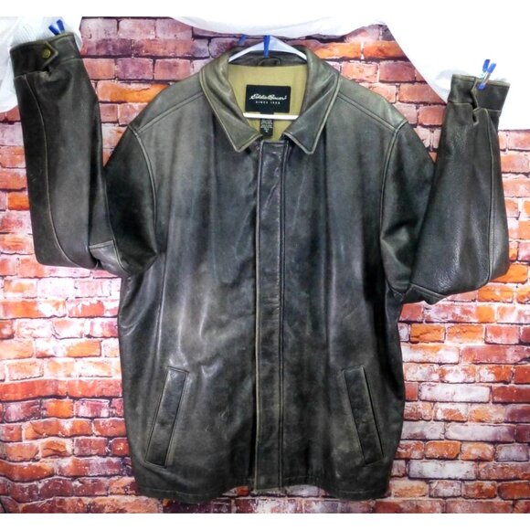 Eddie Bauer Mens Grey Distressed Leather Jacket Tall XL Black Genuine Leather & - Picture 1 of 9